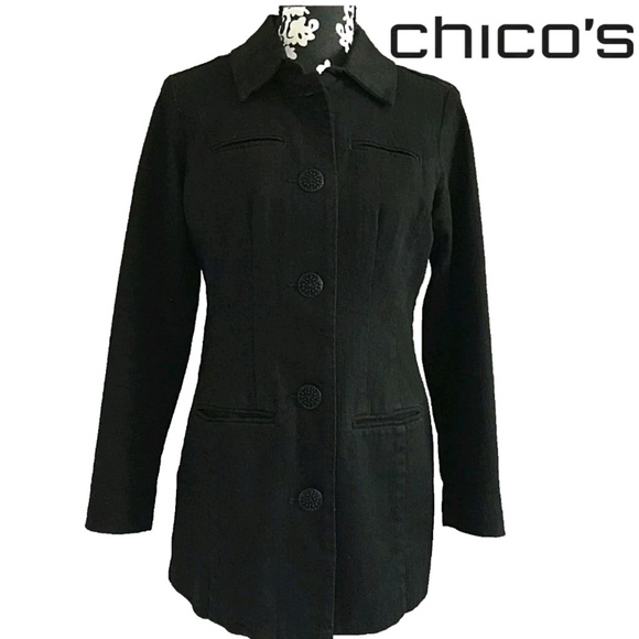 CHICO'S Black Denim Stretch Jacket Coat  Size 0 - Picture 2 of 9